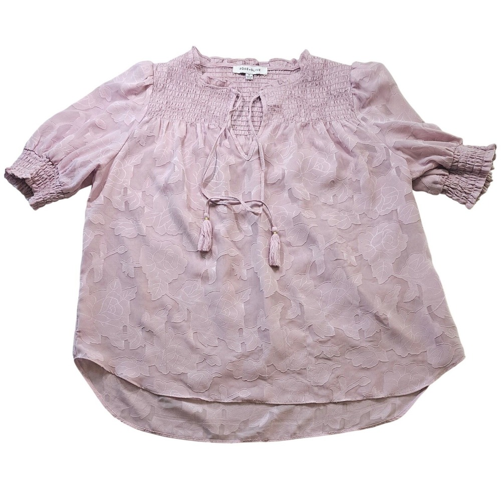 Rose + Olive Mauve Pink Burnout Floral Smocked Blouse Tassel Tie Top Medium